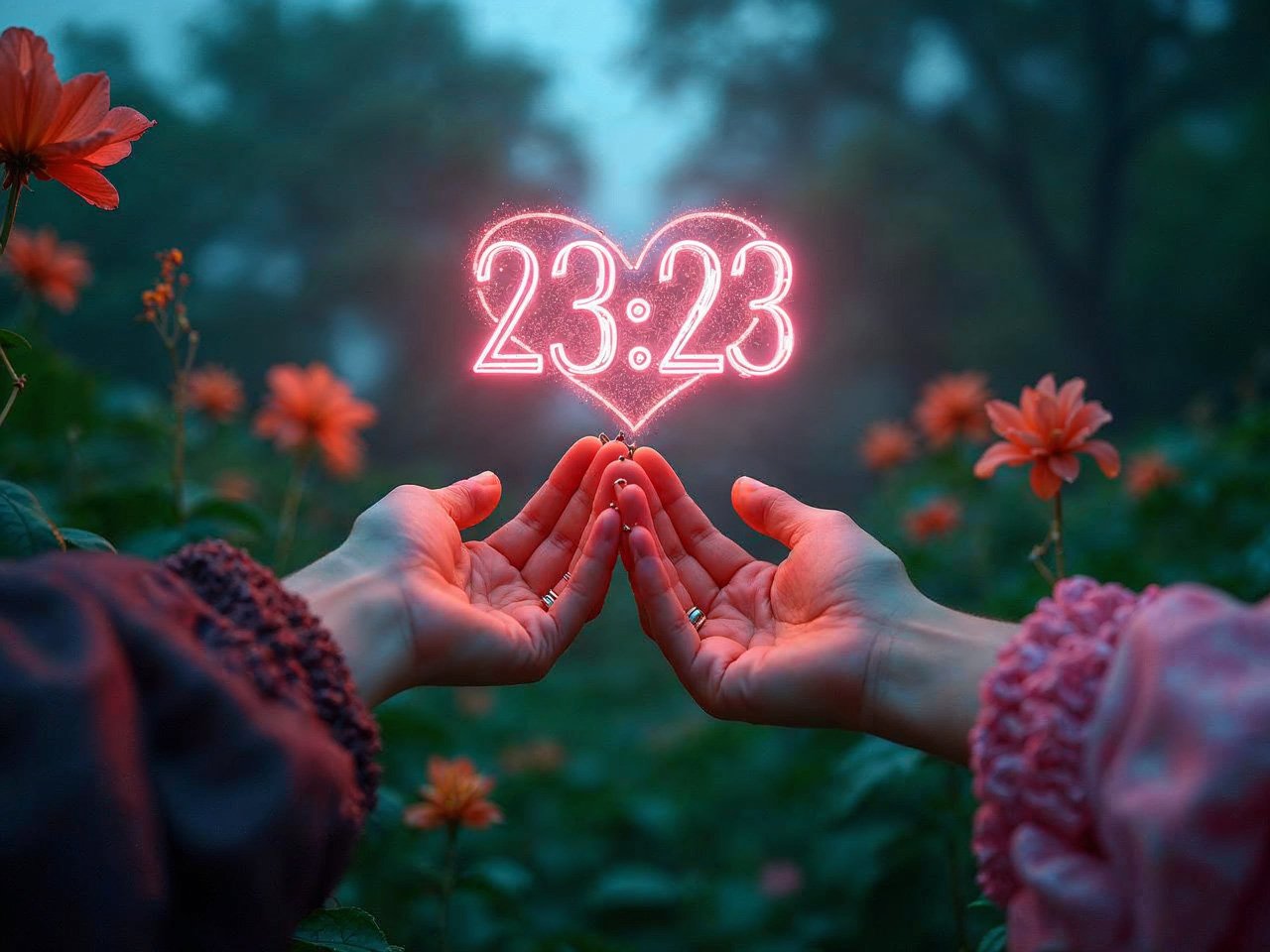 Mains connexion amoureuse 23h23 ciel cosmique lumière en forme de cœur