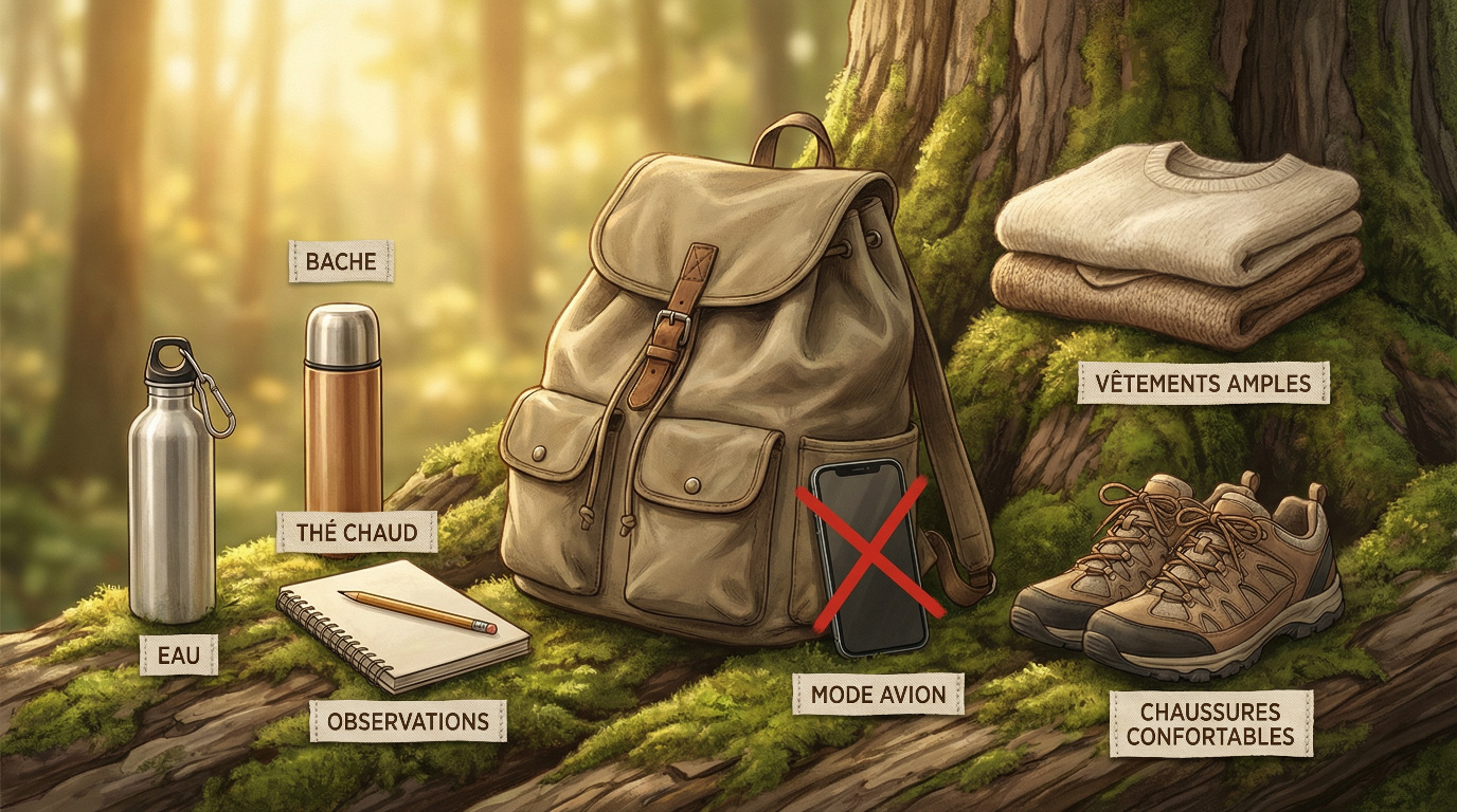 Illustration d'un sac à dos avec les essentiels pour un bain de forêt (gourde, thermos, carnet, vêtement confortable)