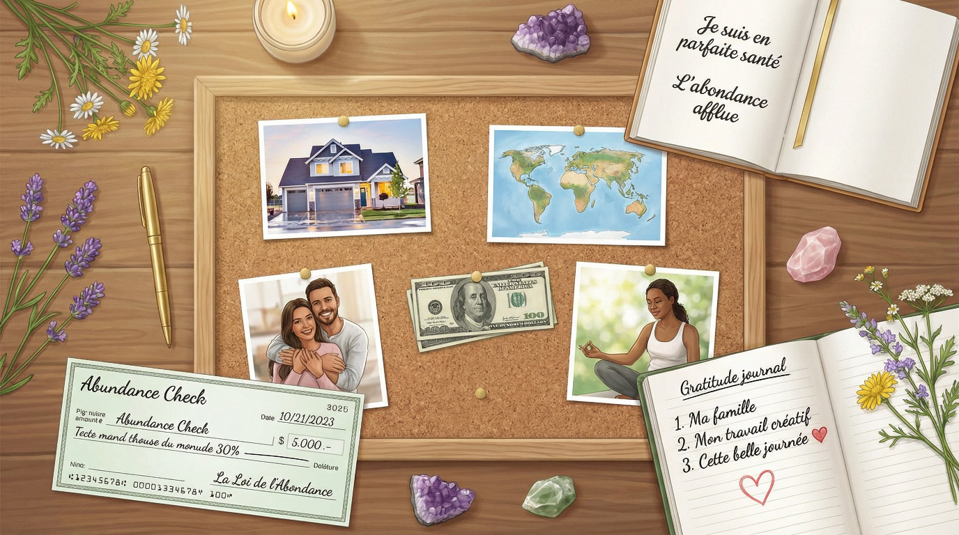 Illustration d'une table avec un vision board un carnet d affirmations un cheque d abondance et un journal de gratitude