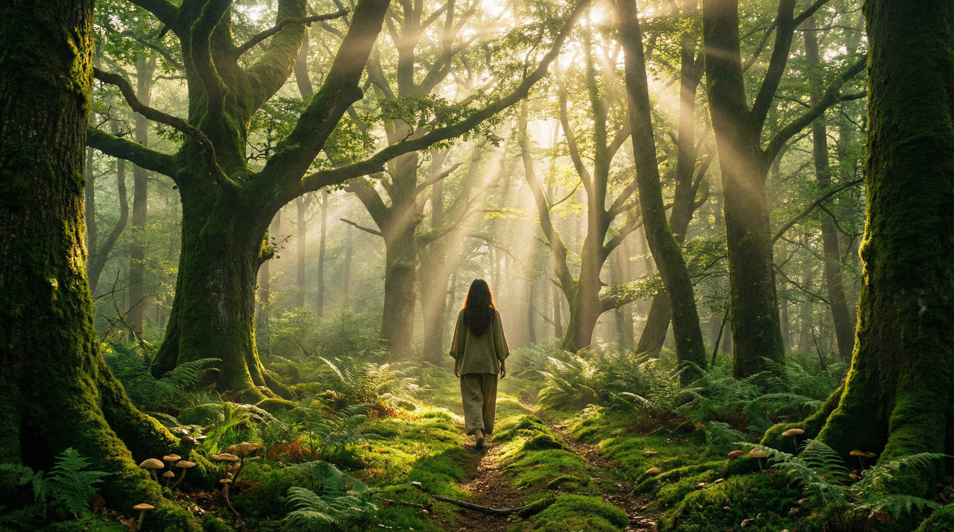 Image principale d une personne marchant sur un sentier ensoleillé dans une forêt luxuriante avec des rayons de lumière perçant à travers les arbres