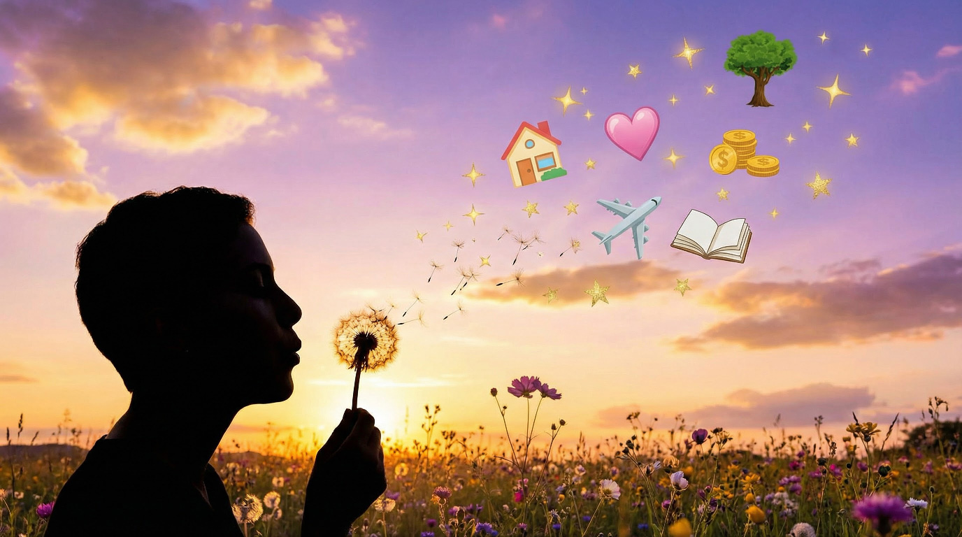 Image principale d'une personne soufflant sur des graines de pissenlit qui se transforment en étoiles dorées et en symboles de ses rêves