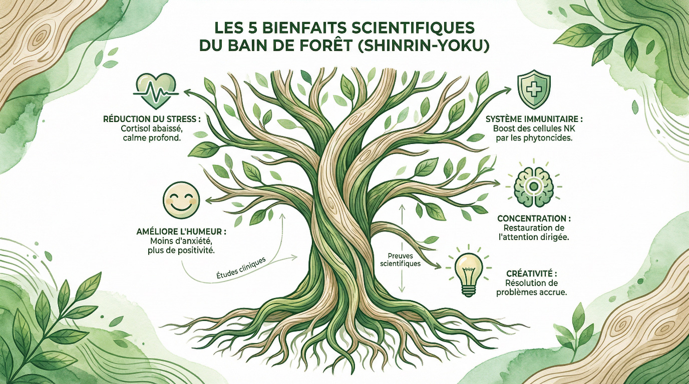 Infographie des 5 bienfaits du Shinrin yoku avec des icônes (cœur, bouclier, smiley, cerveau, ampoule)
