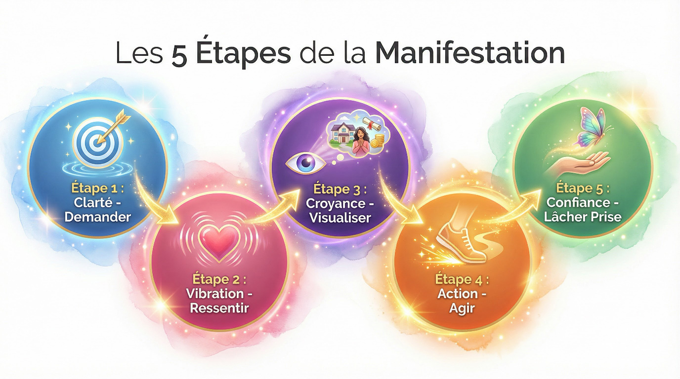 Infographie des 5 étapes de la manifestation avec des icônes