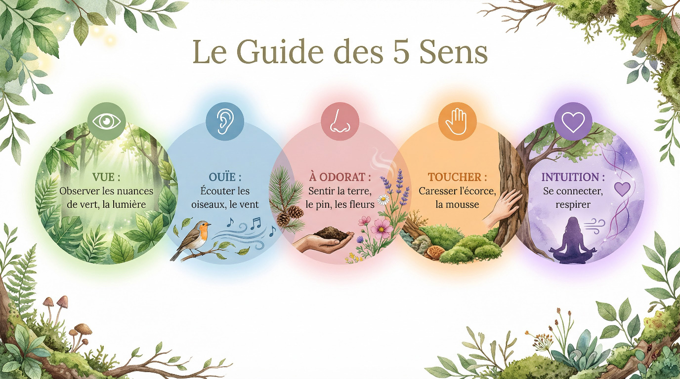 Infographie des 5 sens avec des icônes (œil, oreille, nez, main, cœur) et des conseils pour chaque