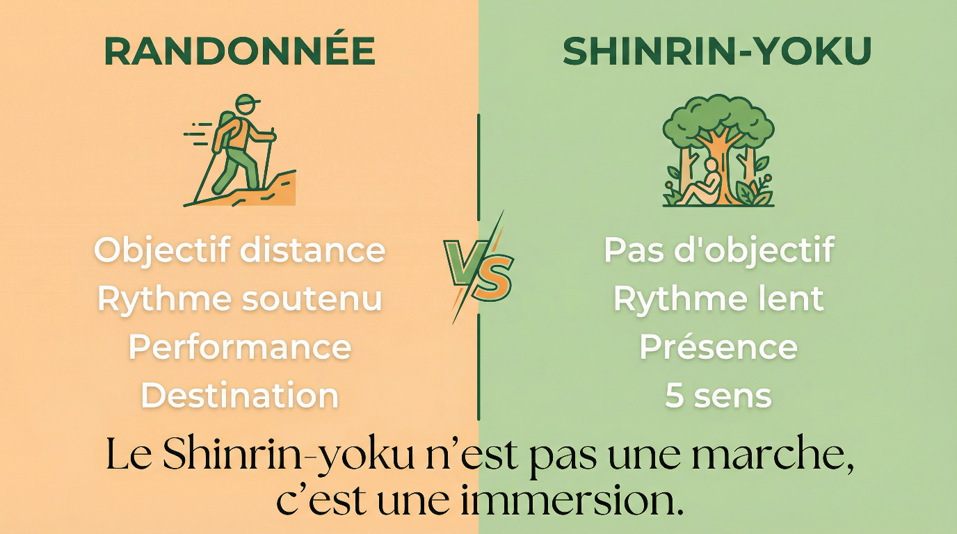 Infographie simple expliquant la différence entre randonnée (rapide, objectif) et Shinrin yoku (lent, sensoriel)