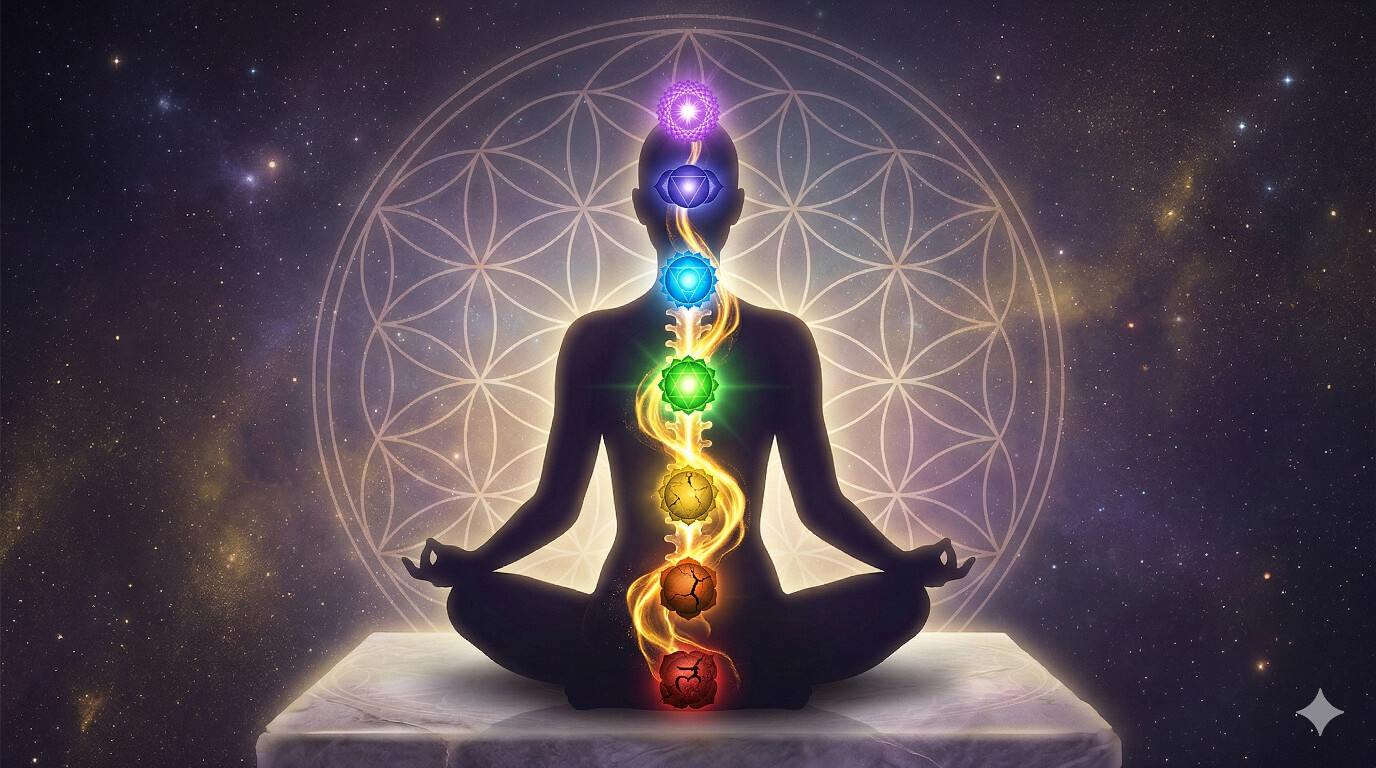 Chakra bloque silhouette meditation energie colonne vertebrale geometrie sacree lumiere spirituelle