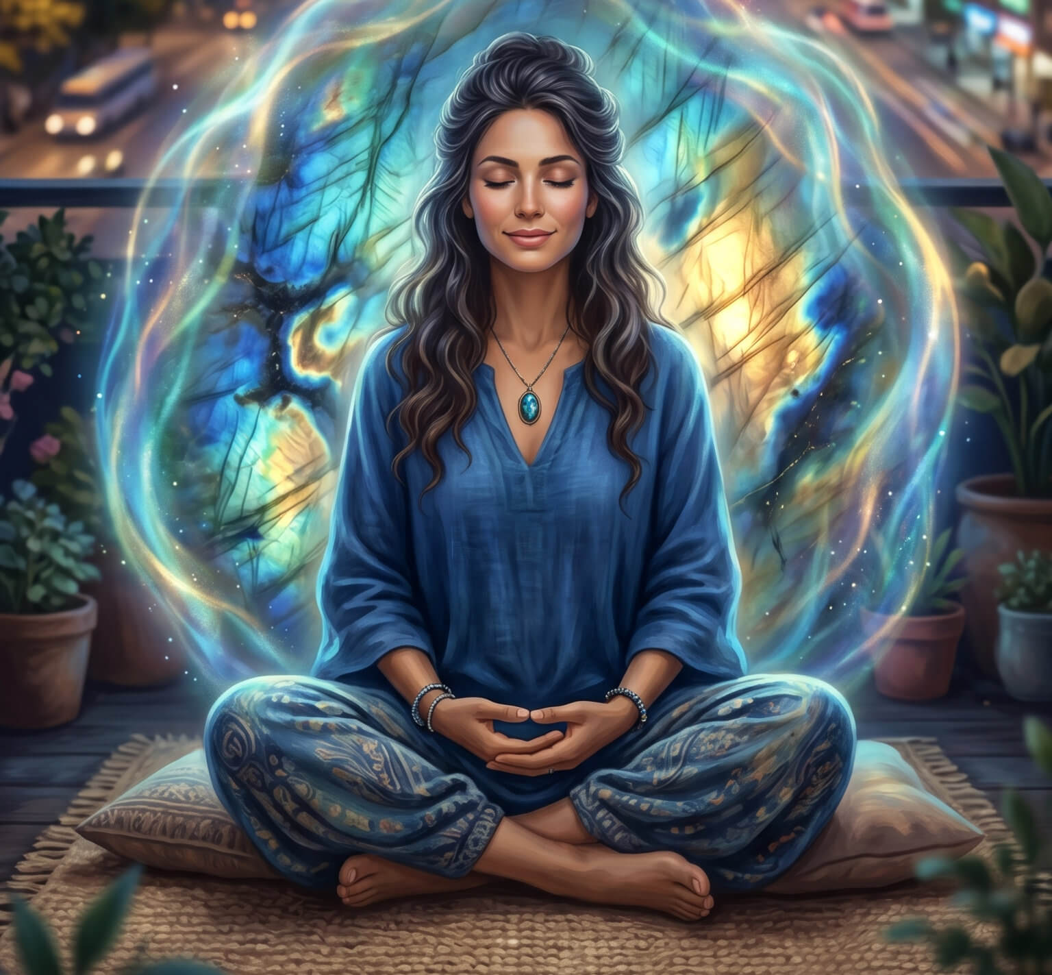 Labradorite ou pierre de lune laquelle choisir guide – femme en méditation entourée d'une aura de labradorite nuit lithothérapie protection intuition