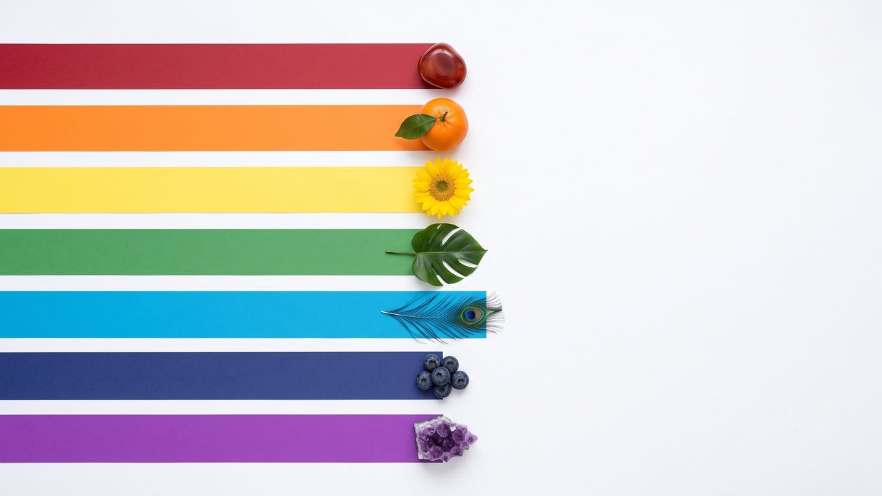 Tableau 7 couleurs chakras objets naturels