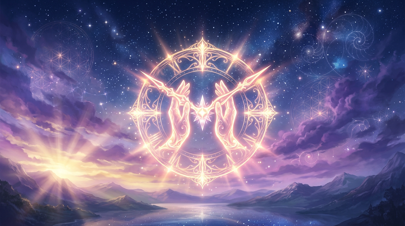 Illustration mystique symbolisant la reconciliation et l'harmonie de l'heure miroir 04h04