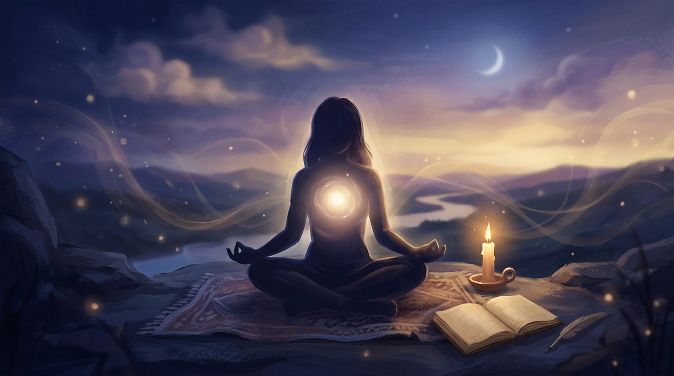Silhouette en meditation integrant le message spirituel, heure miroir 04h04