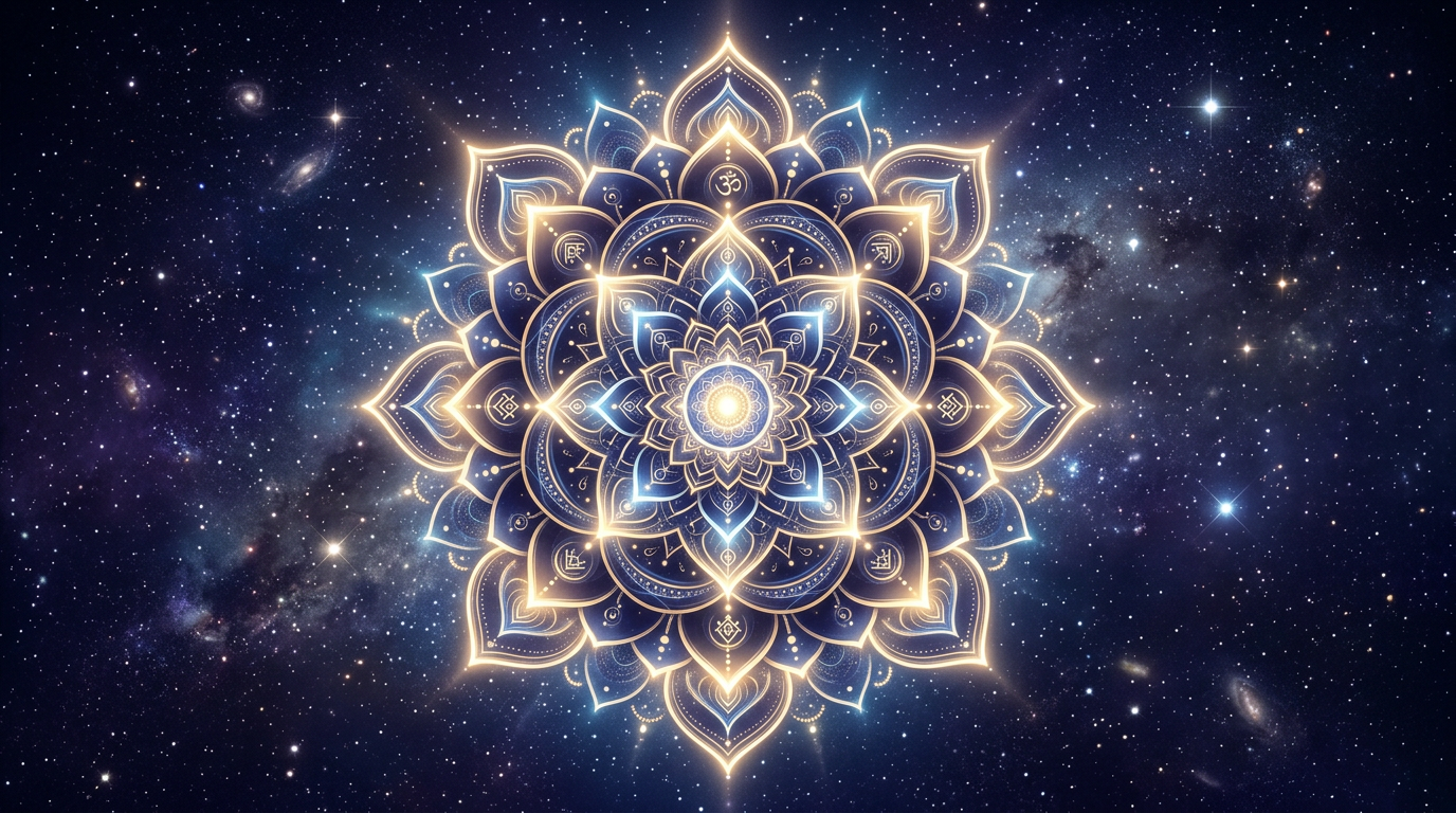 Mandala lumineux symbolisant le tableau recapitulatif, heure miroir 04h04