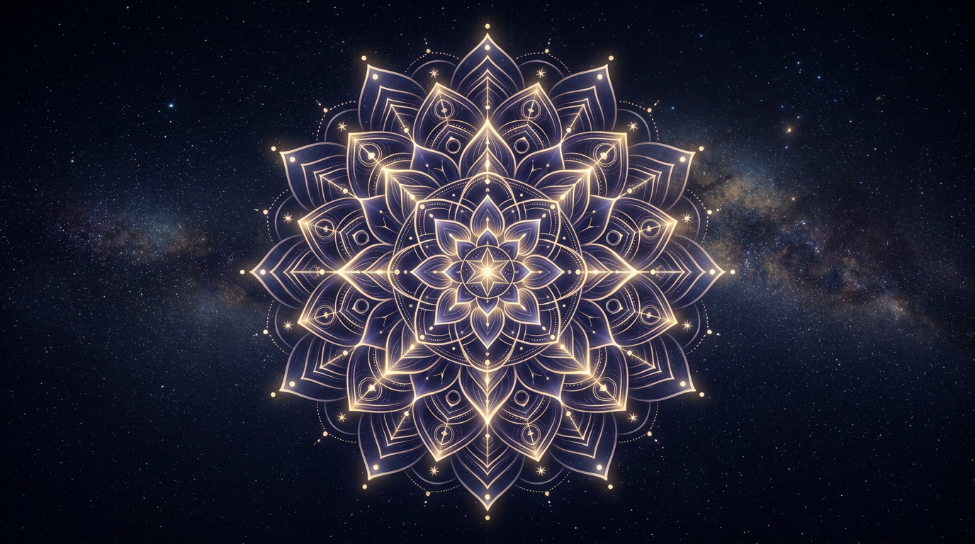 Mandala lumineux symbolisant le tableau recapitulatif, heure miroir 09h09