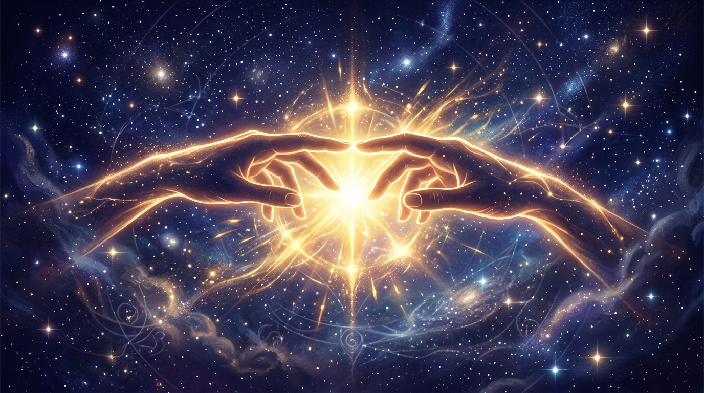 Mains lumineuses collaborant ensemble, heure miroir 10h10