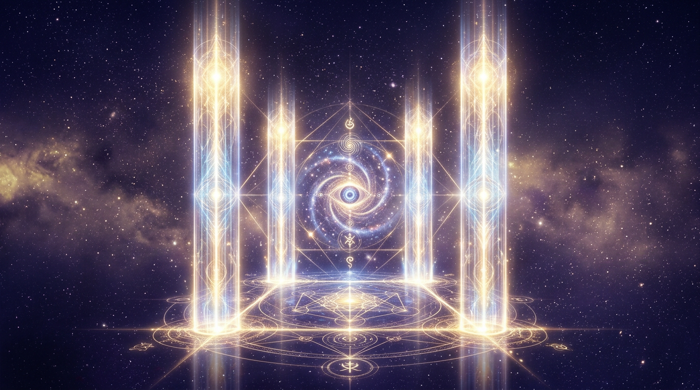 Quatre piliers lumineux symbolisant le chiffre 4, heure miroir 20h20