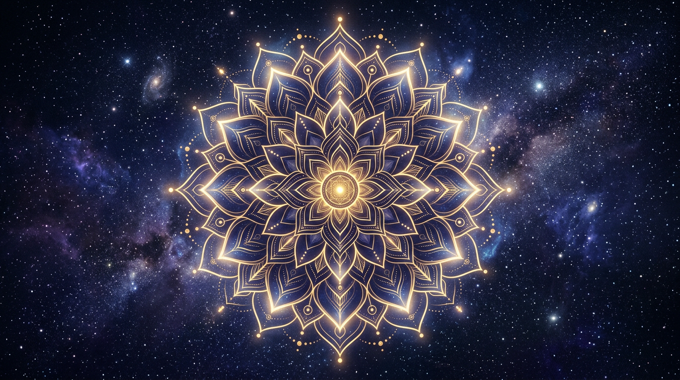 Mandala lumineux symbolisant le tableau recapitulatif, heure miroir 20h20